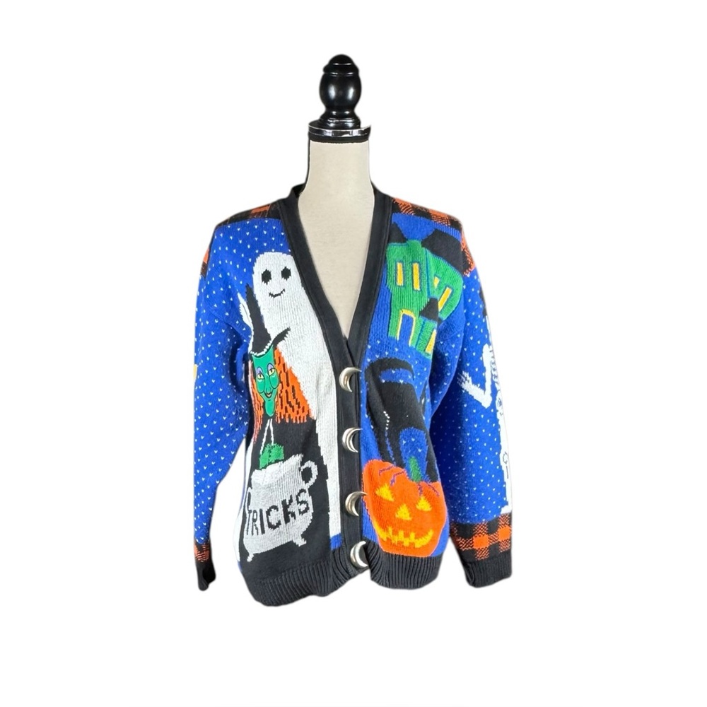 Vintage 80’s Halloween Winona Witch Ghost Black Cat Skeleton Moon Cardigan